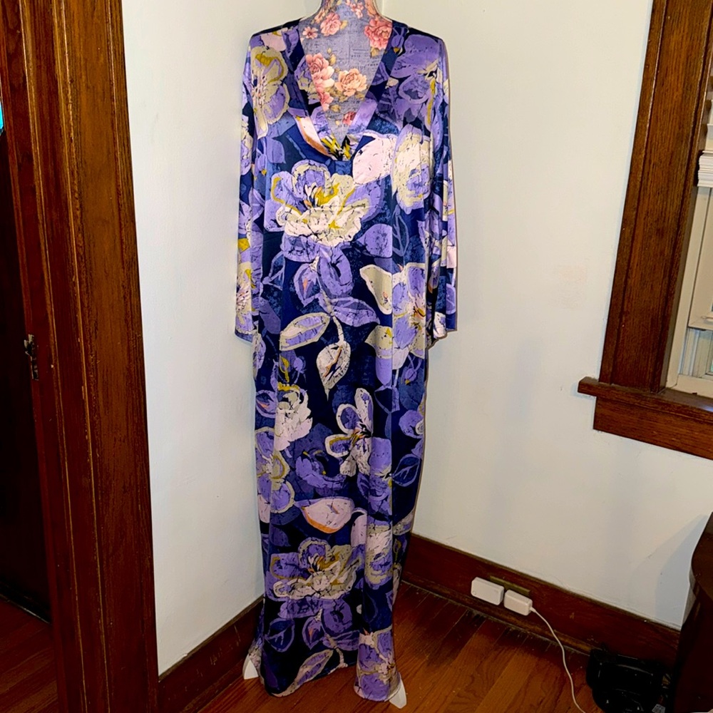 Natori Purple Blue Floral Silky Caftan Dress 2X Plus Size